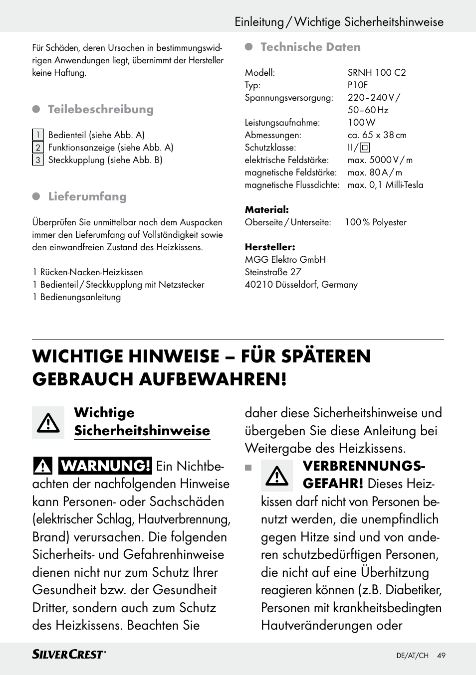 Einleitung / wichtige sicherheitshinweise, Einleitung | Silvercrest SRNH 100 C2 User Manual | Page 49 / 55