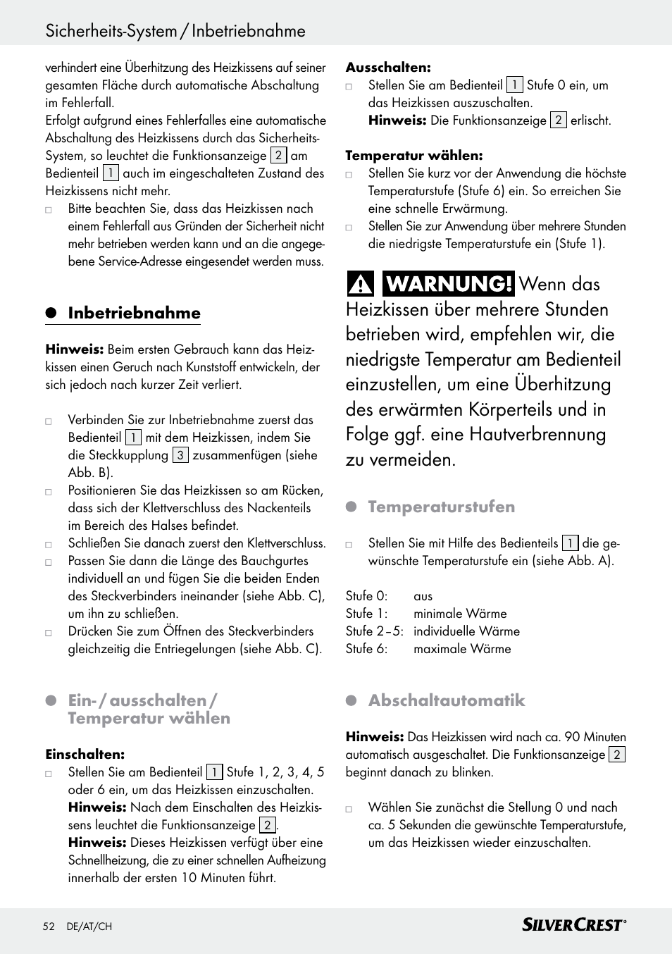 Inbetriebnahme, Ein- / ausschalten / temperatur wählen, Temperaturstufen | Abschaltautomatik | Silvercrest SRNH 100 C2 User Manual | Page 52 / 55