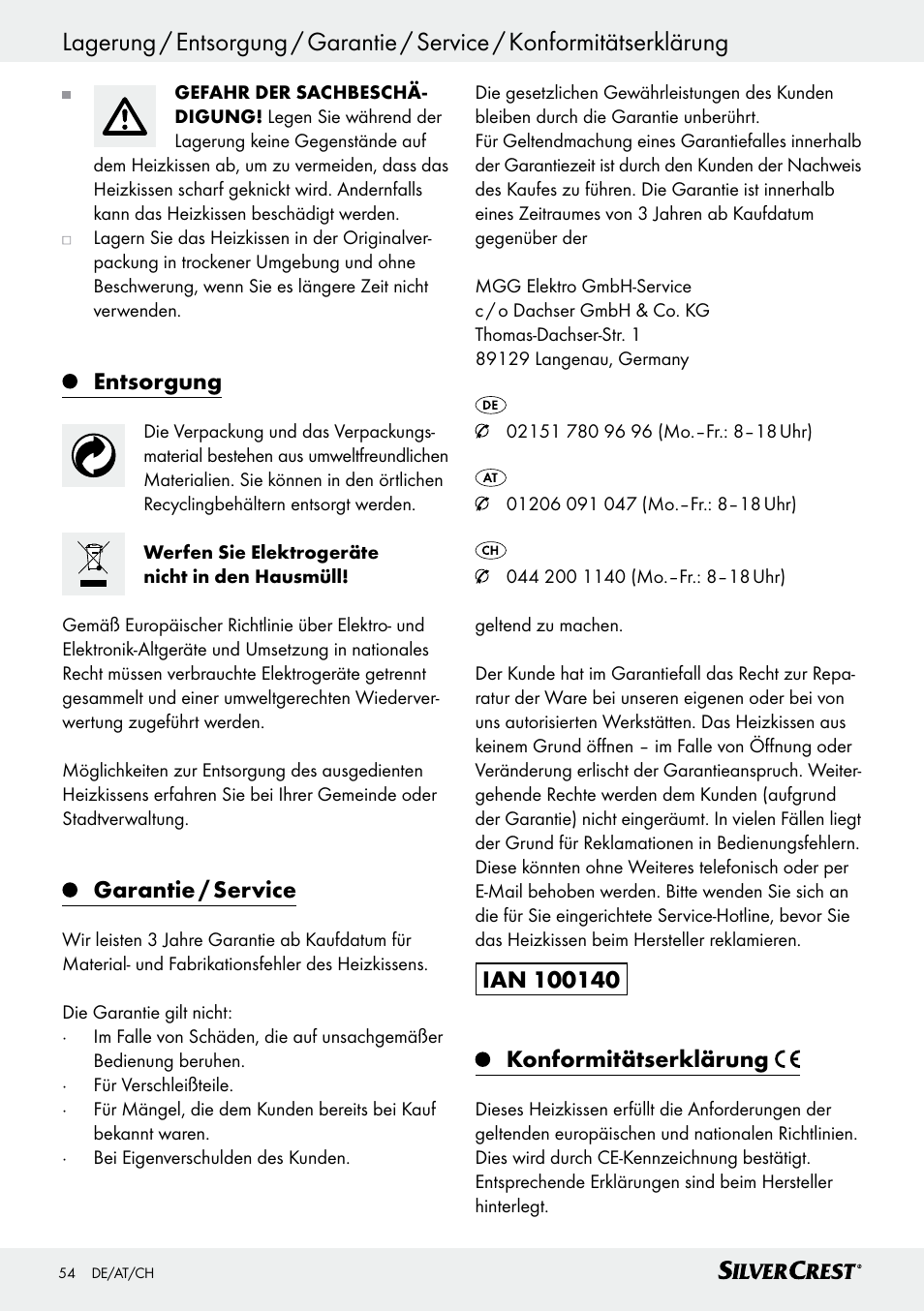 Entsorgung, Garantie / service | Silvercrest SRNH 100 C2 User Manual | Page 54 / 55