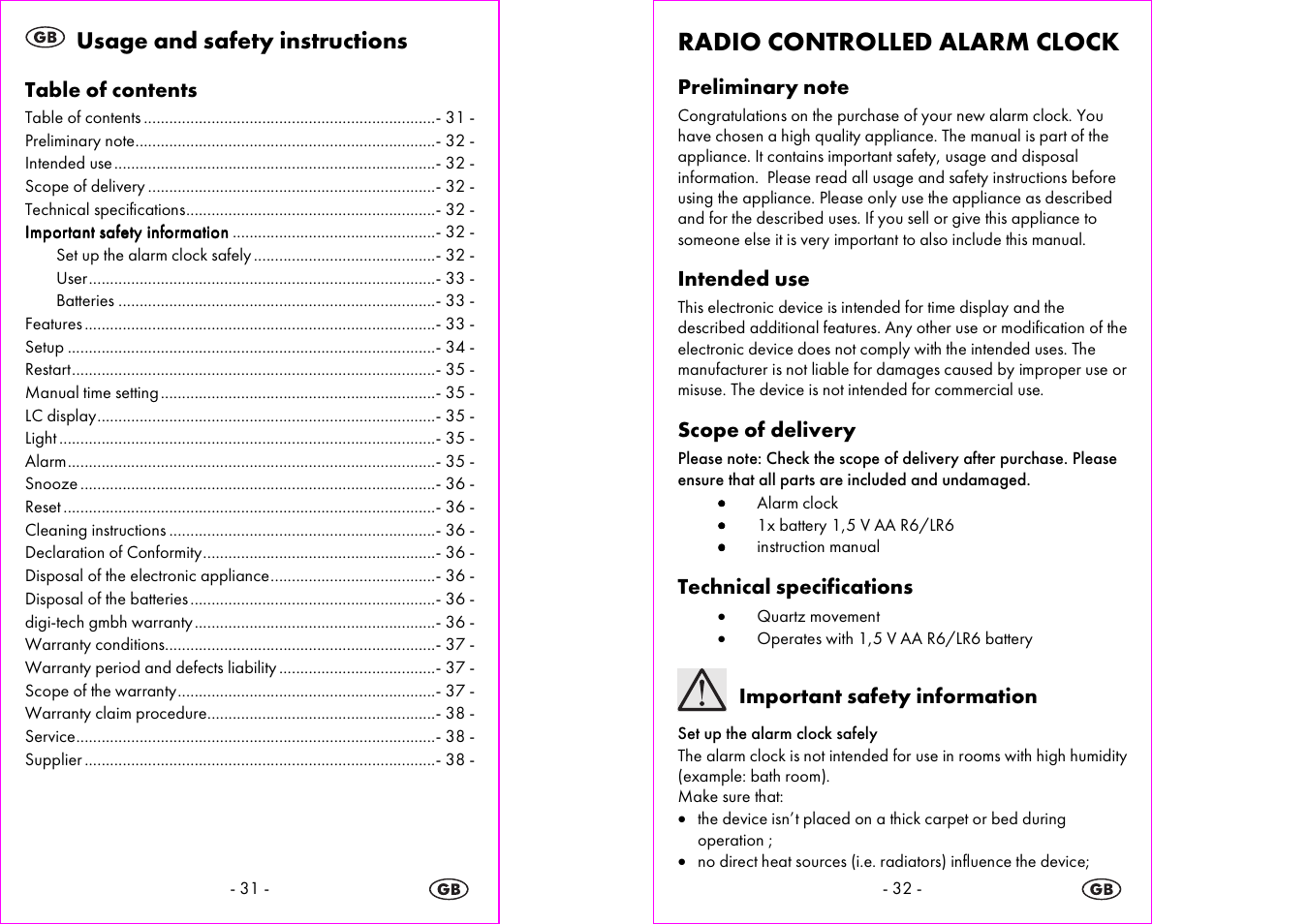 Radio controlled alarm clock, Usage and safety instructions | Silvercrest 4-LD3905 User Manual | Page 17 / 21