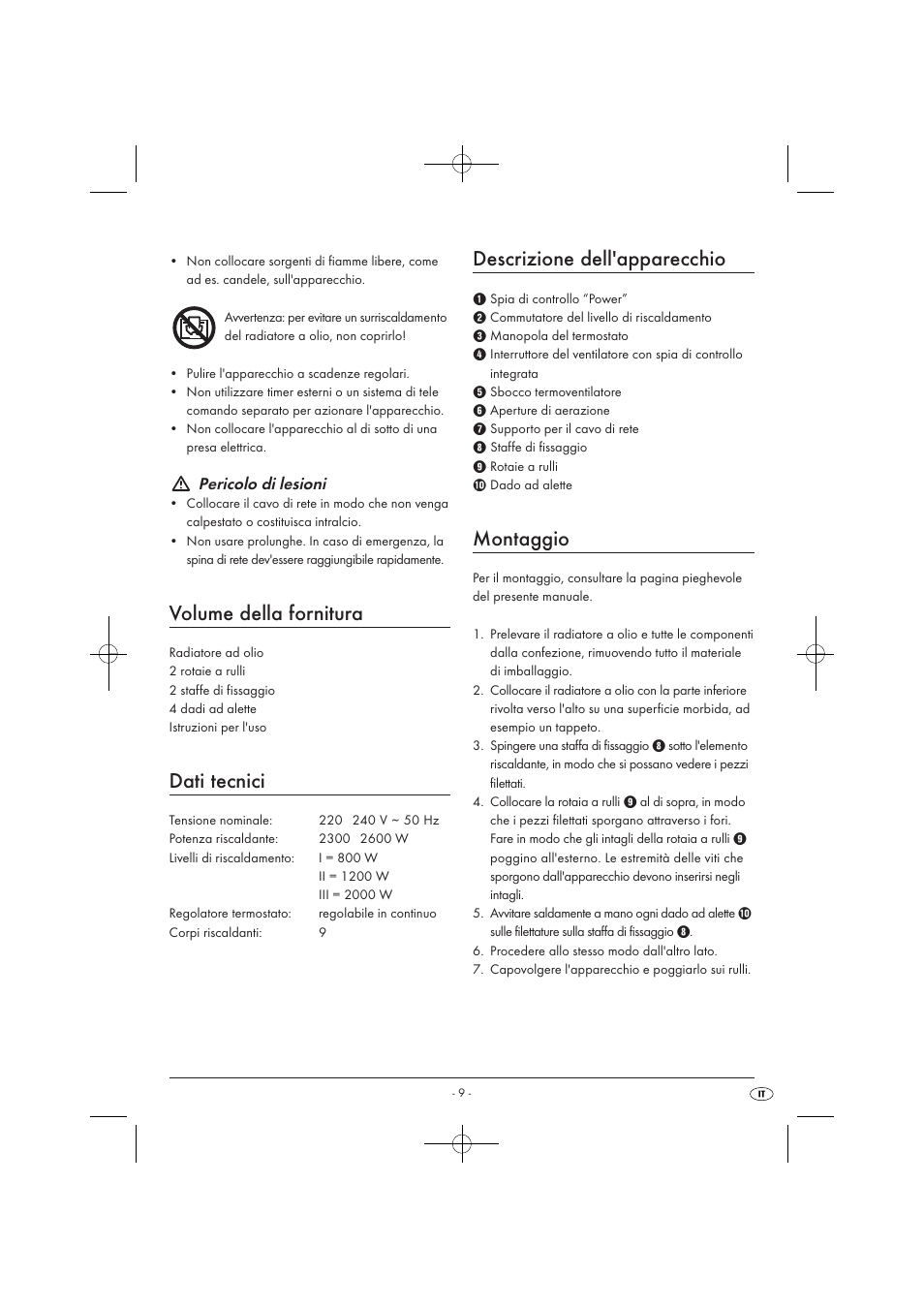 Volume della fornitura, Dati tecnici, Descrizione dell'apparecchio | Montaggio, Pericolo di lesioni | Silvercrest SOR 2600 A1 User Manual | Page 11 / 32