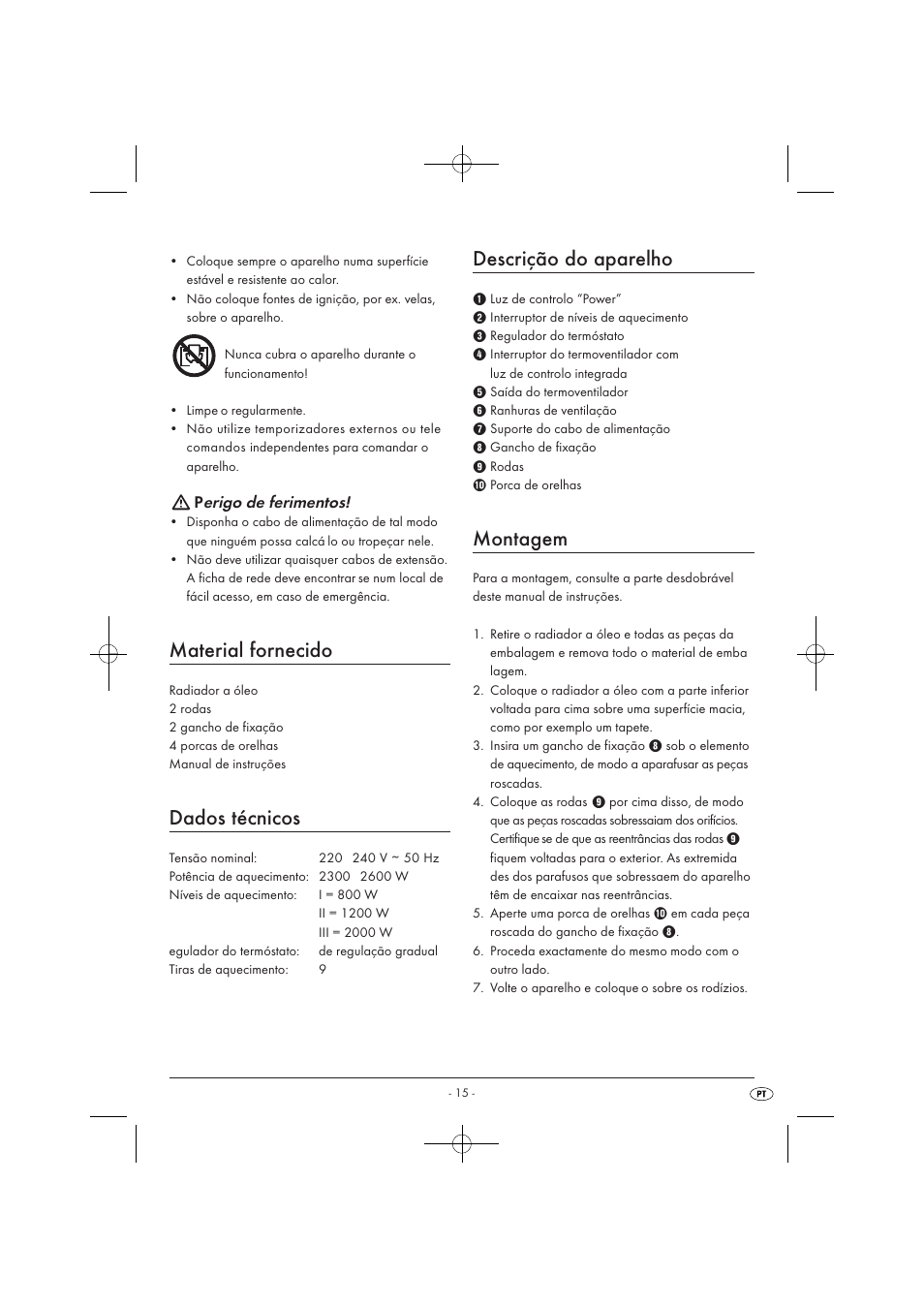 Material fornecido, Dados técnicos, Descrição do aparelho | Montagem, Perigo de ferimentos | Silvercrest SOR 2600 A1 User Manual | Page 17 / 32