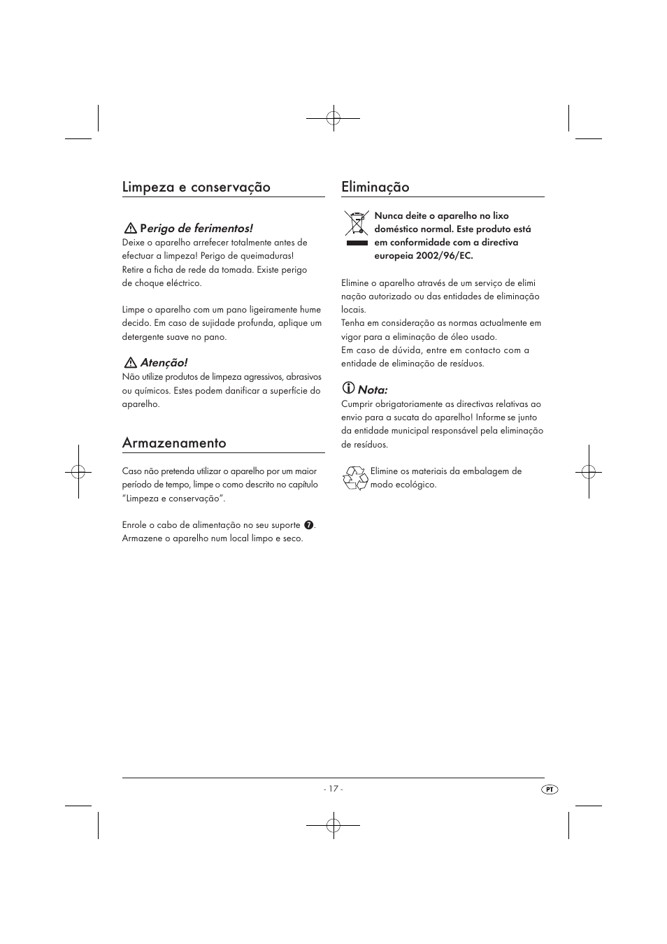 Limpeza e conservação, Armazenamento, Eliminação | Silvercrest SOR 2600 A1 User Manual | Page 19 / 32