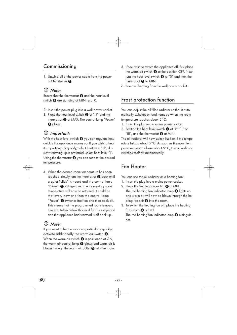 Commissioning, Frost protection function, Fan heater | Important | Silvercrest SOR 2600 A1 User Manual | Page 24 / 32