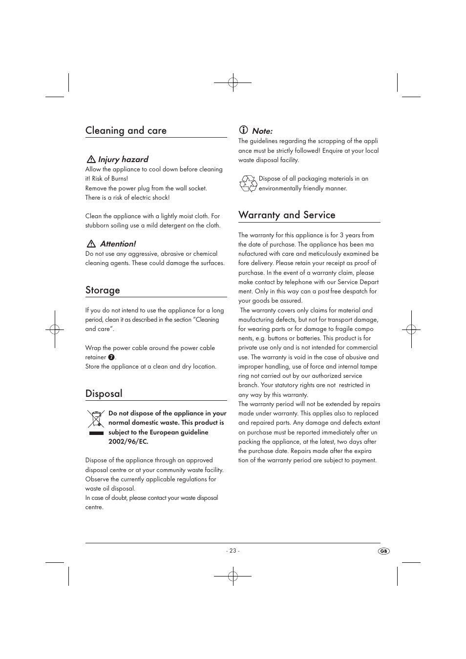 Cleaning and care, Storage, Disposal | Warranty and service | Silvercrest SOR 2600 A1 User Manual | Page 25 / 32