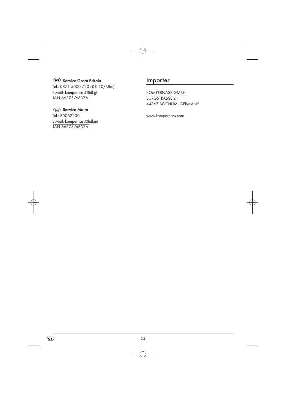 Importer | Silvercrest SOR 2600 A1 User Manual | Page 26 / 32