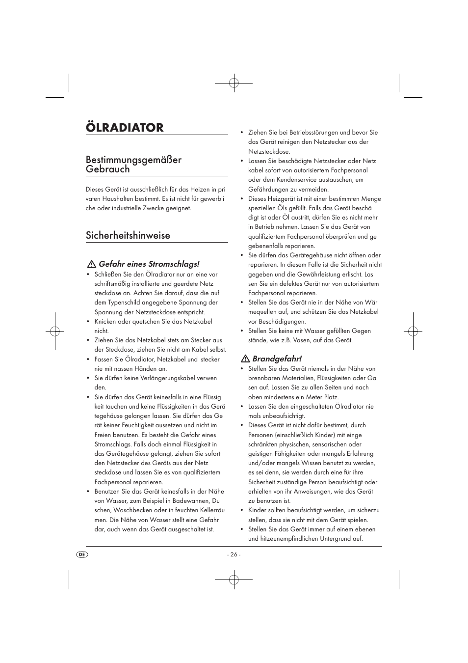 Ölradiator, Bestimmungsgemäßer gebrauch, Sicherheitshinweise | Gefahr eines stromschlags, Brandgefahr | Silvercrest SOR 2600 A1 User Manual | Page 28 / 32