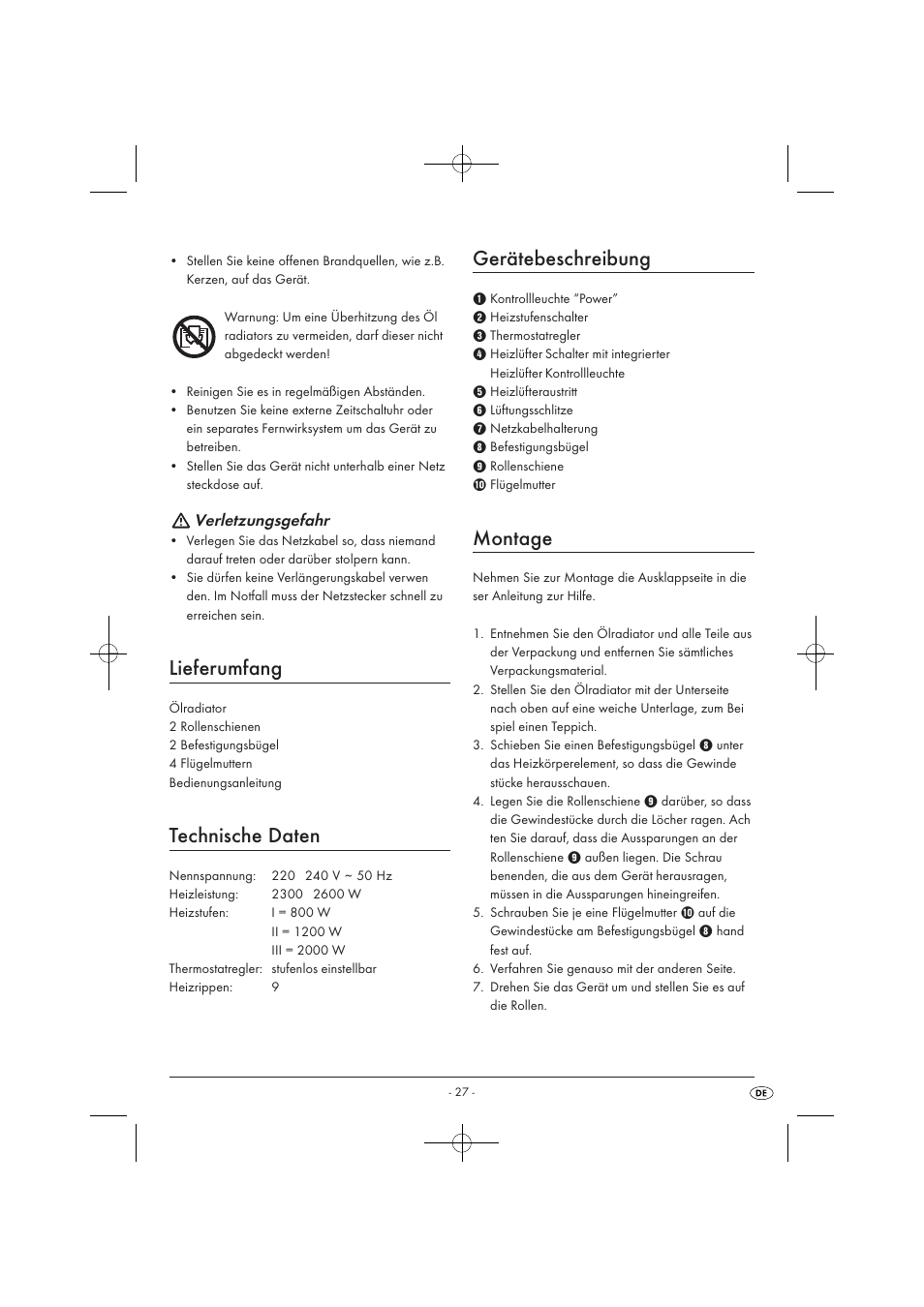 Lieferumfang, Technische daten, Gerätebeschreibung | Montage, Verletzungsgefahr | Silvercrest SOR 2600 A1 User Manual | Page 29 / 32