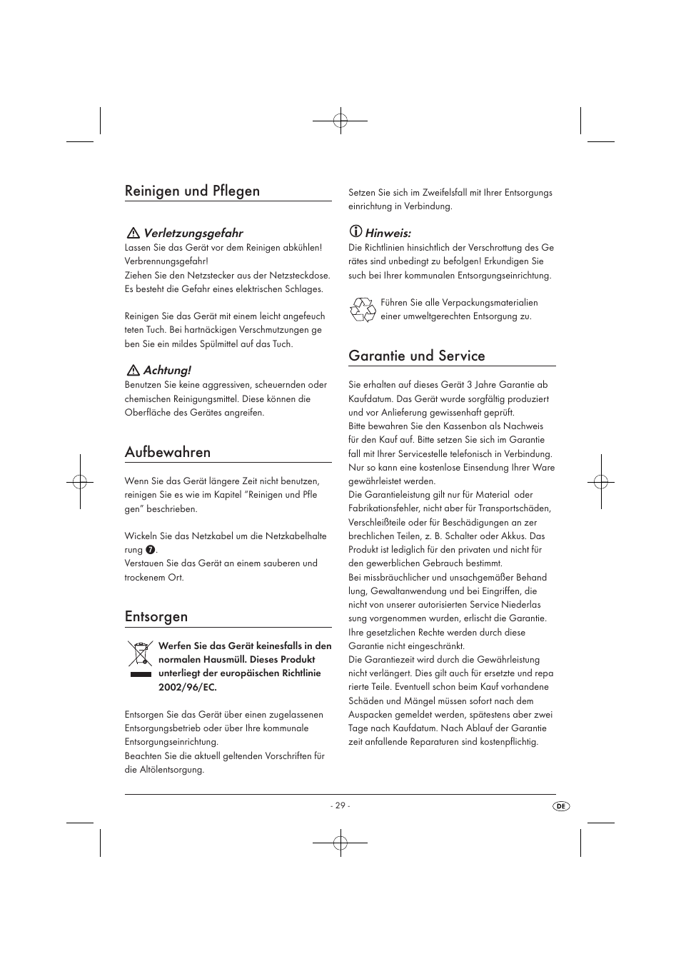 Reinigen und pflegen, Aufbewahren, Entsorgen | Garantie und service | Silvercrest SOR 2600 A1 User Manual | Page 31 / 32