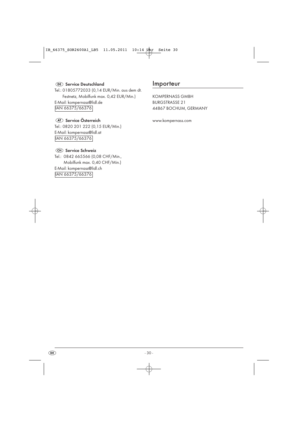 Importeur | Silvercrest SOR 2600 A1 User Manual | Page 32 / 32