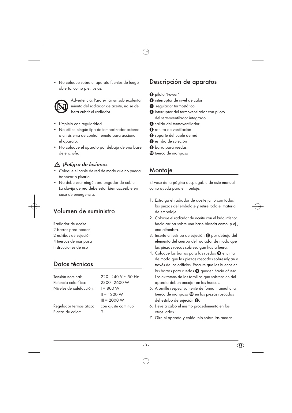 Volumen de suministro, Datos técnicos, Descripción de aparatos | Montaje, Peligro de lesiones | Silvercrest SOR 2600 A1 User Manual | Page 5 / 32