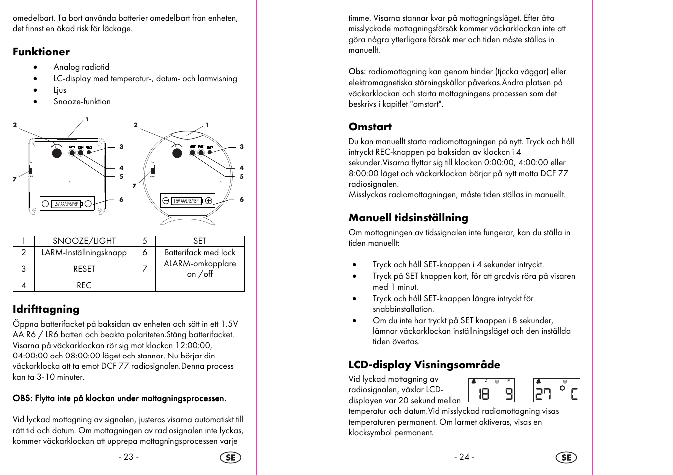 Funktioner, Idrifttagning, Omstart | Manuell tidsinställning, Lcd-display visningsområde | Silvercrest 4-LD3905 User Manual | Page 13 / 36