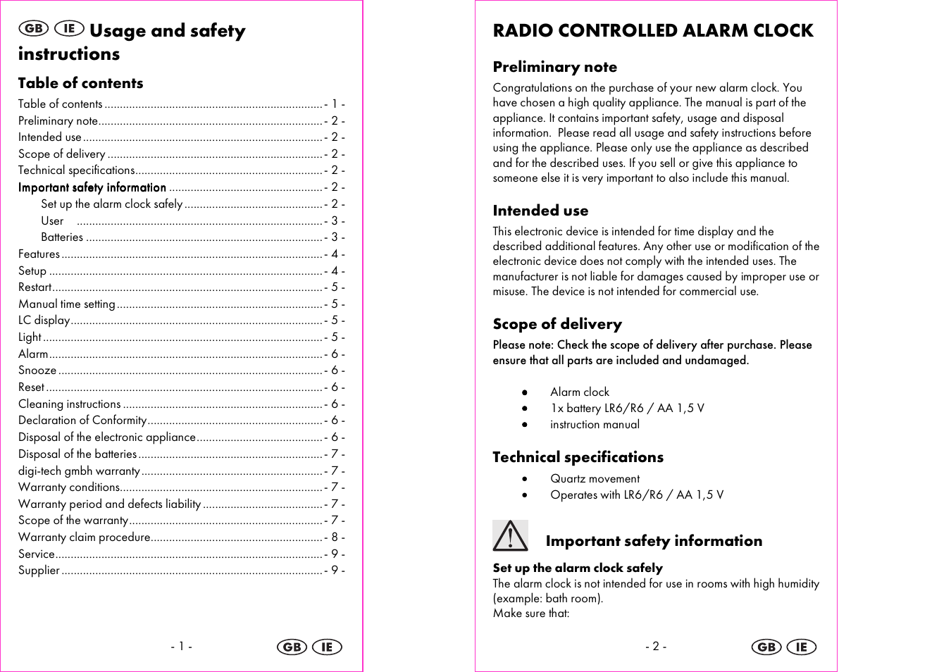 Usage and safety instructions, Radio controlled alarm clock | Silvercrest 4-LD3905 User Manual | Page 2 / 36