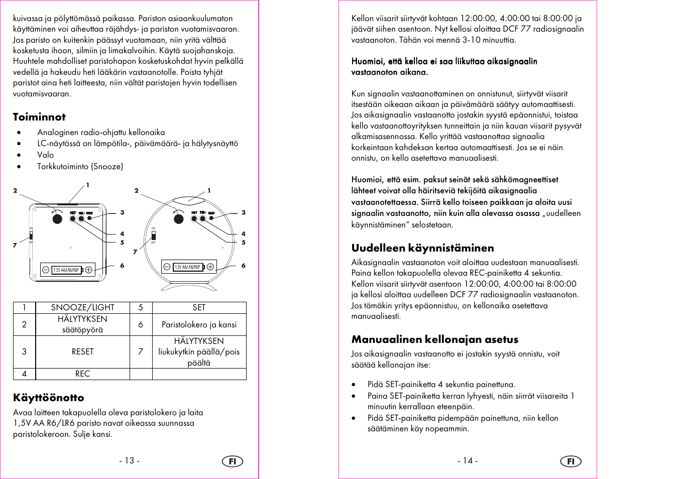 Toiminnot, Käyttöönotto, Uudelleen käynnistäminen | Manuaalinen kellonajan asetus | Silvercrest 4-LD3905 User Manual | Page 8 / 36