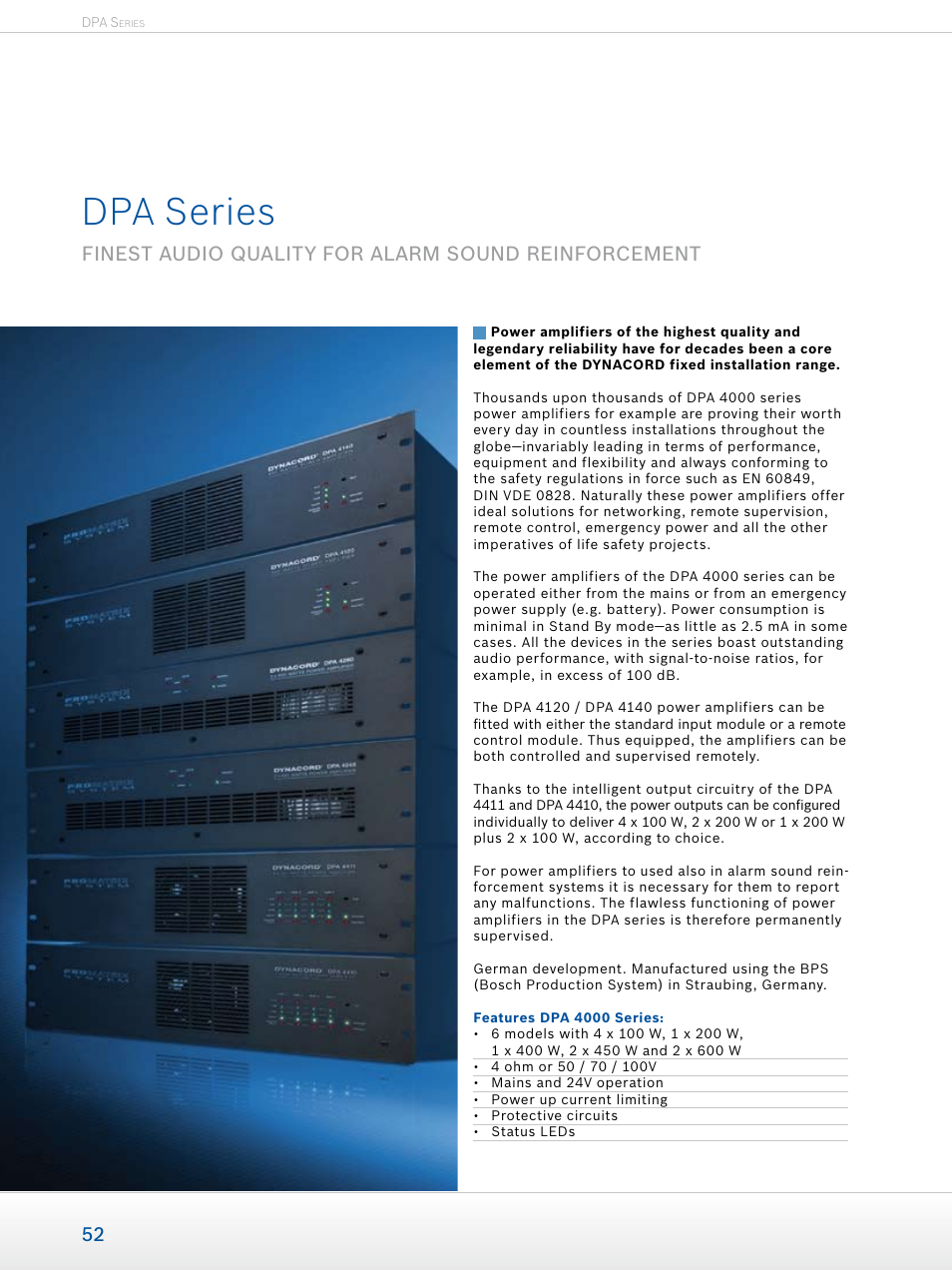 Dpa series, Finest audio quality for alarm sound reinforcement | Dynacord Professional Power Amplifiers User Manual | Page 52 / 72