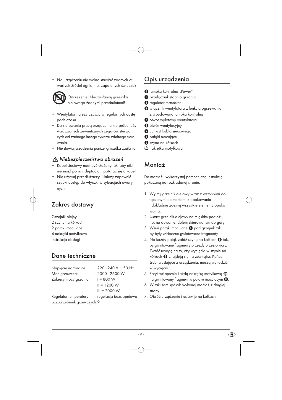 Zakres dostawy, Dane techniczne, Opis urządzenia | Montaż, Niebezpieczeństwo obrażeń | Silvercrest SOR 2600 A1 User Manual | Page 11 / 44
