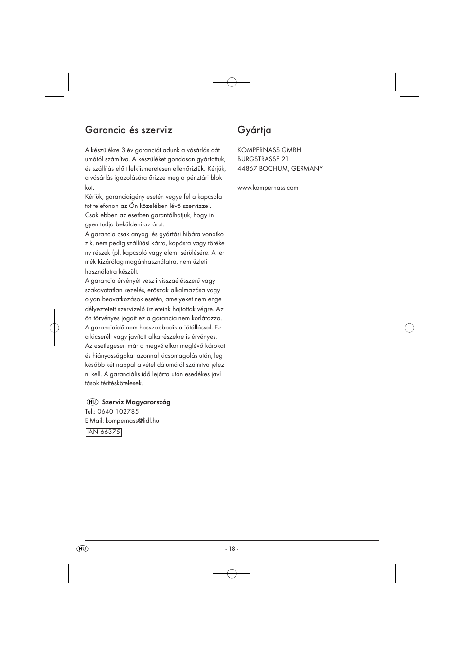 Garancia és szerviz, Gyártja | Silvercrest SOR 2600 A1 User Manual | Page 20 / 44