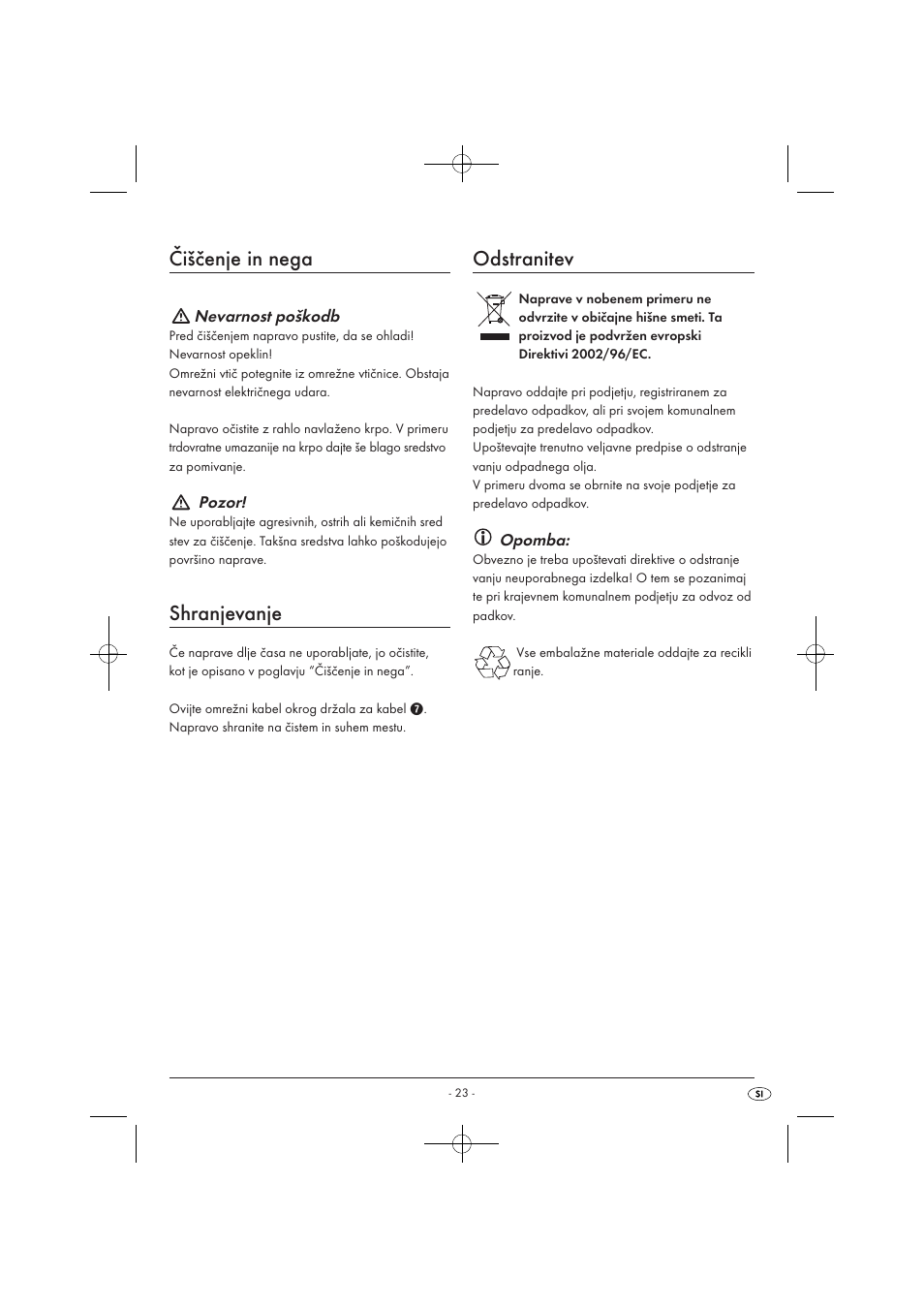 Čiščenje in nega, Shranjevanje, Odstranitev | Silvercrest SOR 2600 A1 User Manual | Page 25 / 44