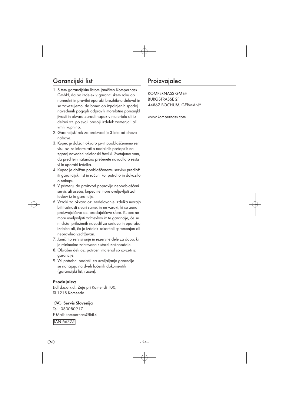 Garancijski list, Proizvajalec | Silvercrest SOR 2600 A1 User Manual | Page 26 / 44
