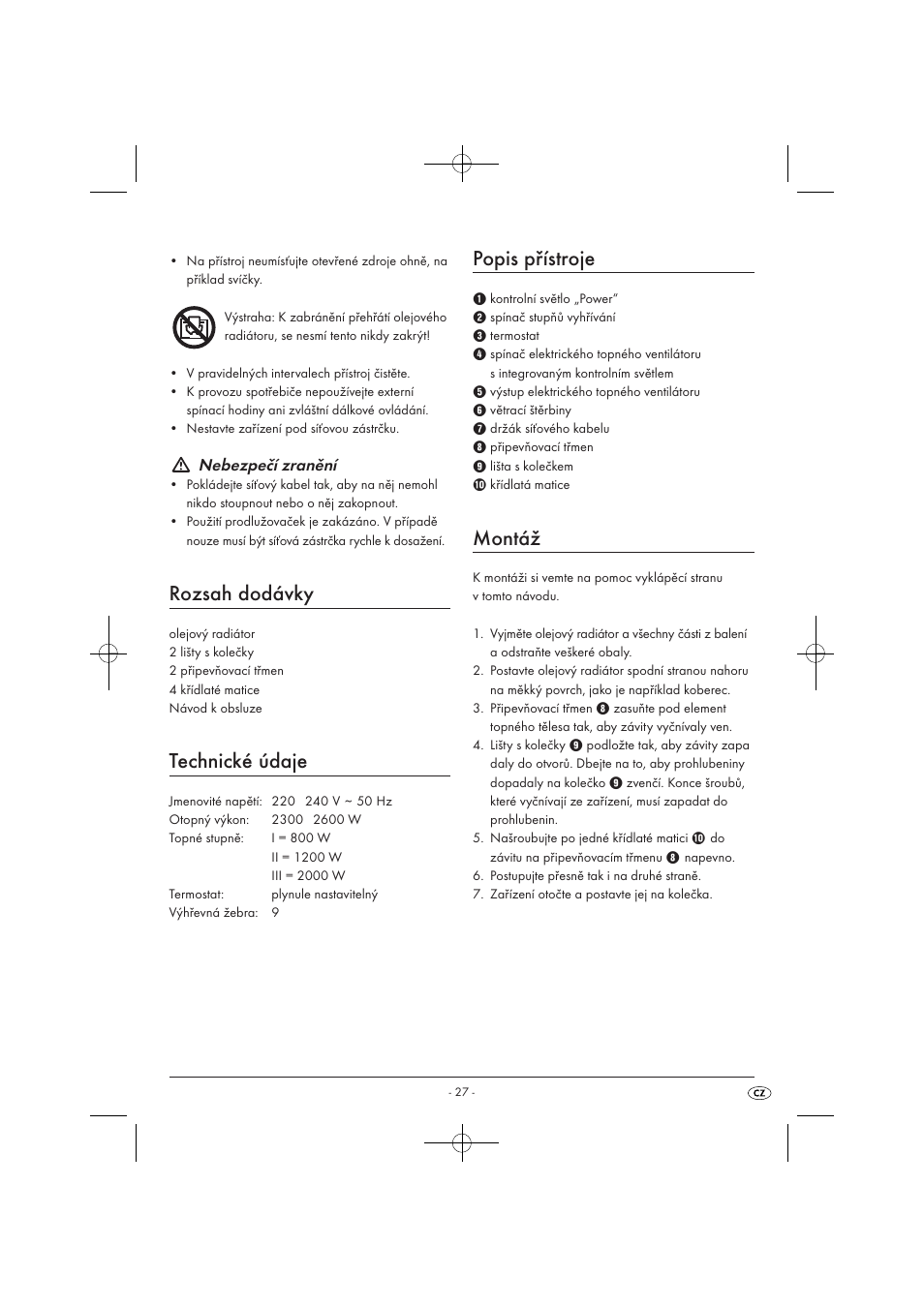 Rozsah dodávky, Technické údaje, Popis přístroje | Montáž, Nebezpečí zranění | Silvercrest SOR 2600 A1 User Manual | Page 29 / 44