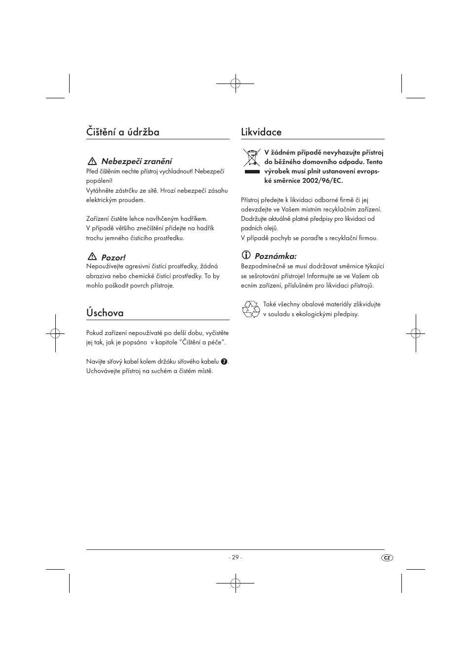 Čištění a údržba, Úschova, Likvidace | Silvercrest SOR 2600 A1 User Manual | Page 31 / 44