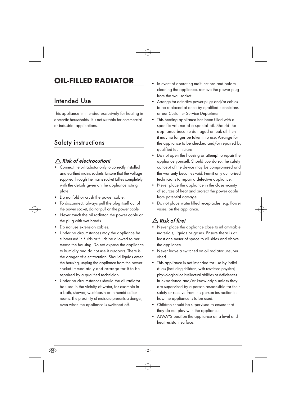Oil-filled radiator, Intended use, Safety instructions | Risk of electrocution, Risk of fire | Silvercrest SOR 2600 A1 User Manual | Page 4 / 44