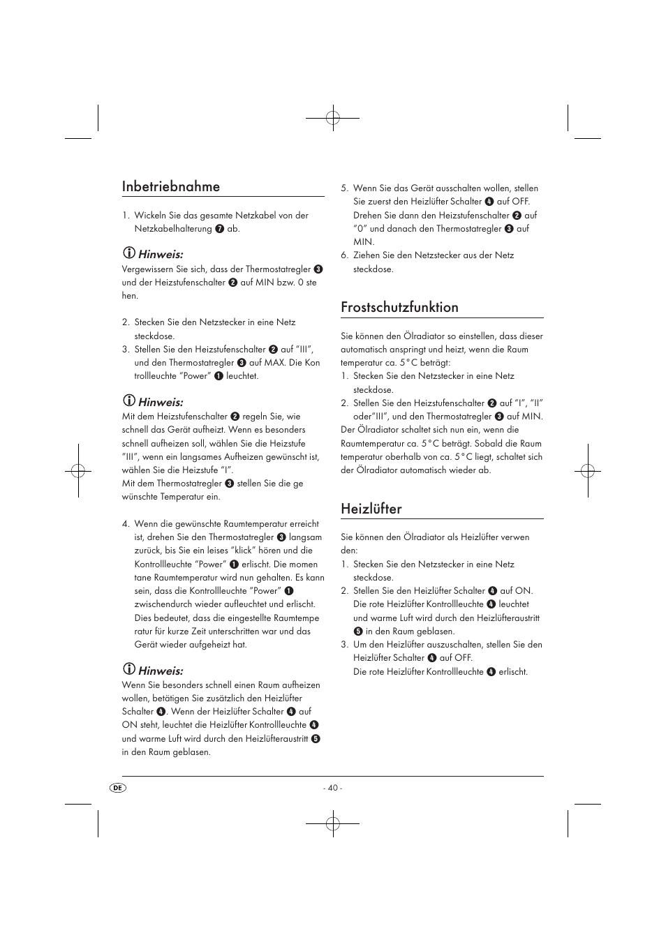 Inbetriebnahme, Frostschutzfunktion, Heizlüfter | Hinweis | Silvercrest SOR 2600 A1 User Manual | Page 42 / 44