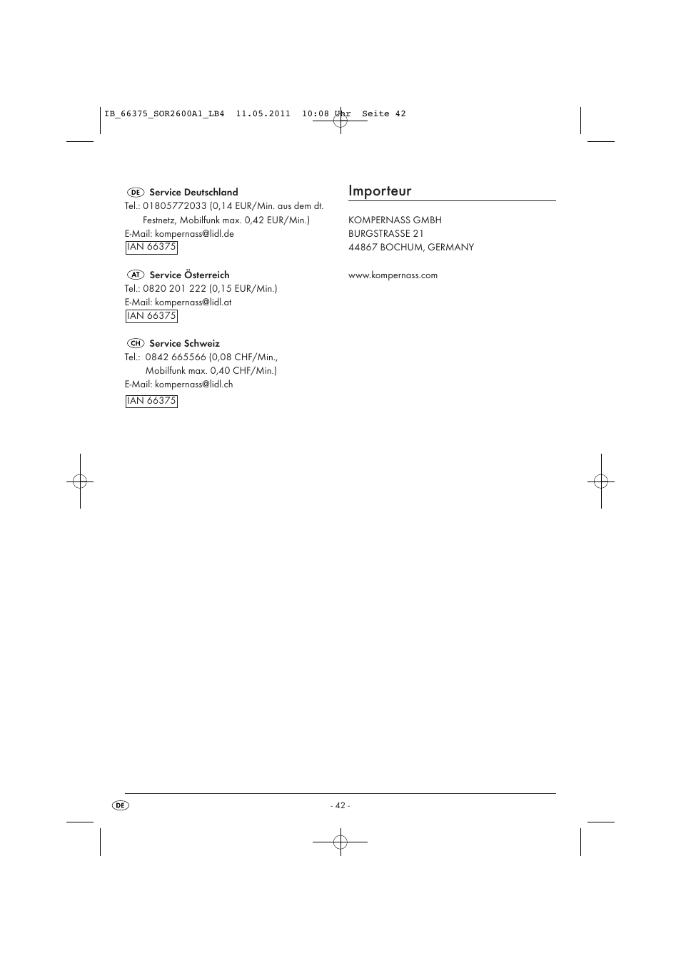 Importeur | Silvercrest SOR 2600 A1 User Manual | Page 44 / 44