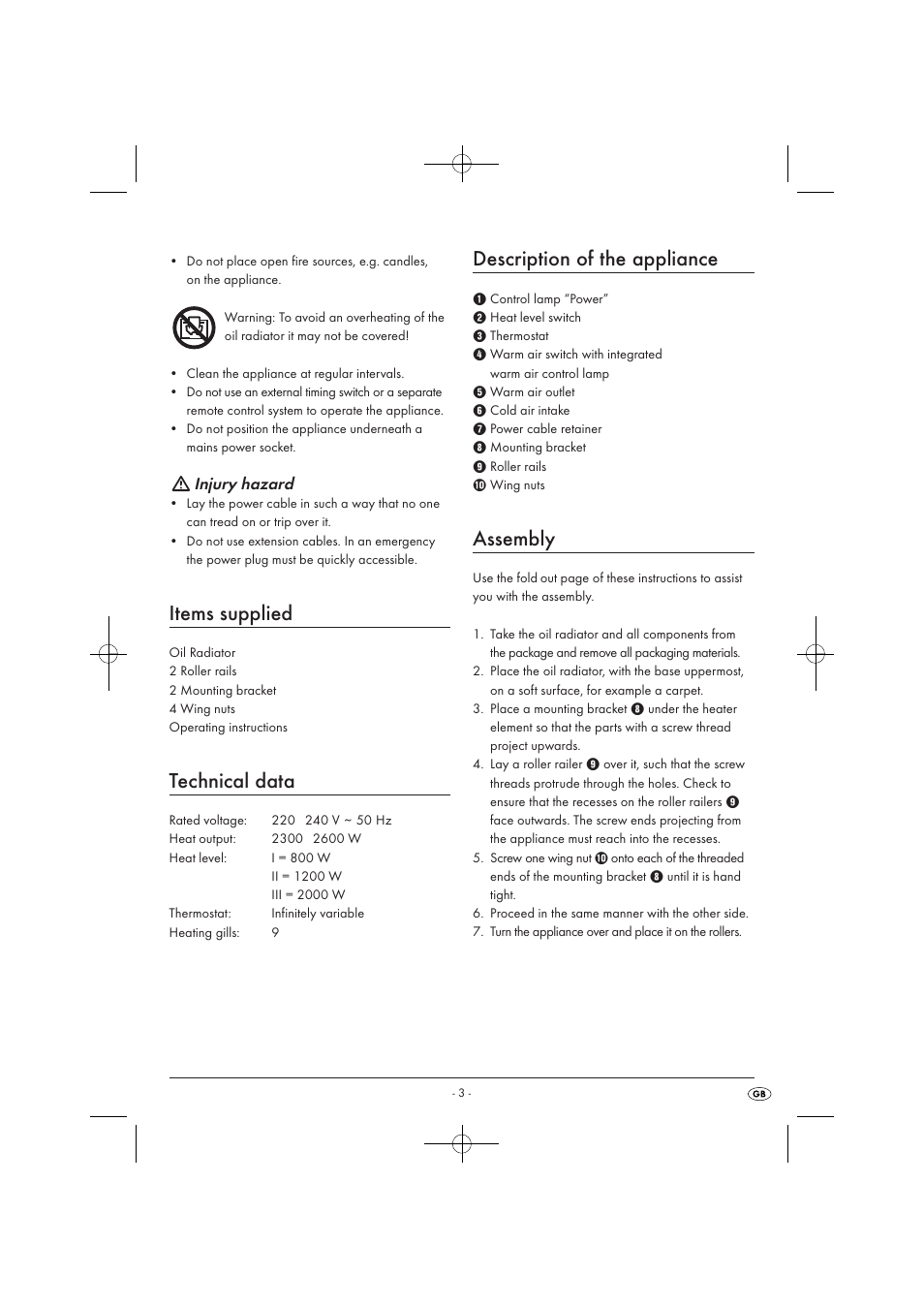 Items supplied, Technical data, Description of the appliance | Assembly, Injury hazard | Silvercrest SOR 2600 A1 User Manual | Page 5 / 44
