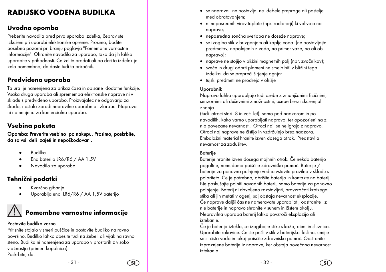 Radijsko vodena budilka, Uvodna opomba, Predvidena uporaba | Vsebina paketa, Tehnični podatki, Pomembne varnostne informacije | Silvercrest 4-LD3905 User Manual | Page 17 / 35