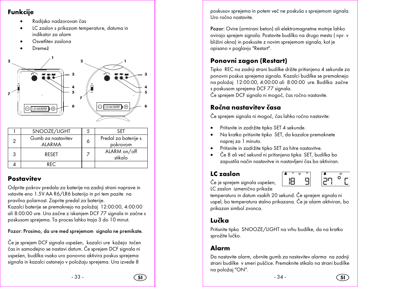 Funkcije, Postavitev, Ponovni zagon (restart) | Ročna nastavitev časa, Lc zaslon, Lučka, Alarm | Silvercrest 4-LD3905 User Manual | Page 18 / 35