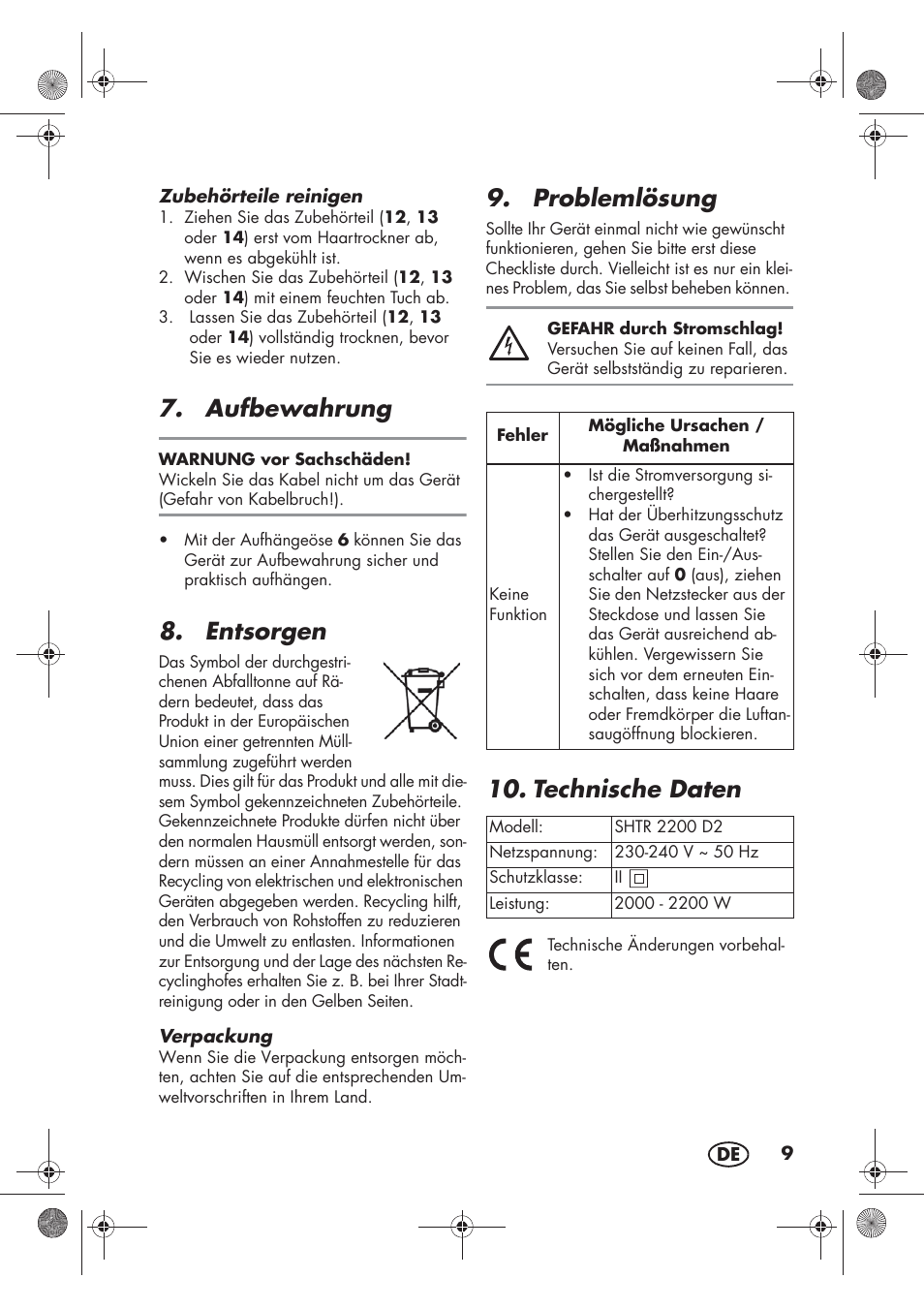 Aufbewahrung, Entsorgen, Problemlösung | Technische daten | Silvercrest SHTR 2200 D2 User Manual | Page 11 / 46