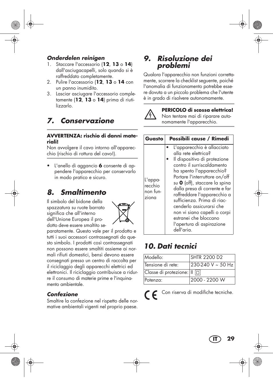 Conservazione, Smaltimento, Risoluzione dei problemi | Dati tecnici | Silvercrest SHTR 2200 D2 User Manual | Page 31 / 46