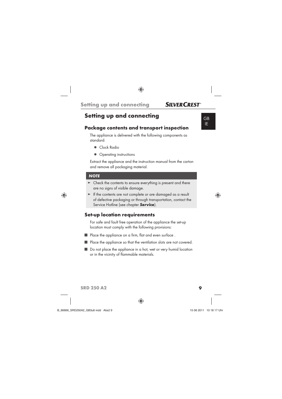 Setting up and connecting, Package contents and transport inspection, Set-up location requirements | Silvercrest SRD 250 A2 User Manual | Page 11 / 23