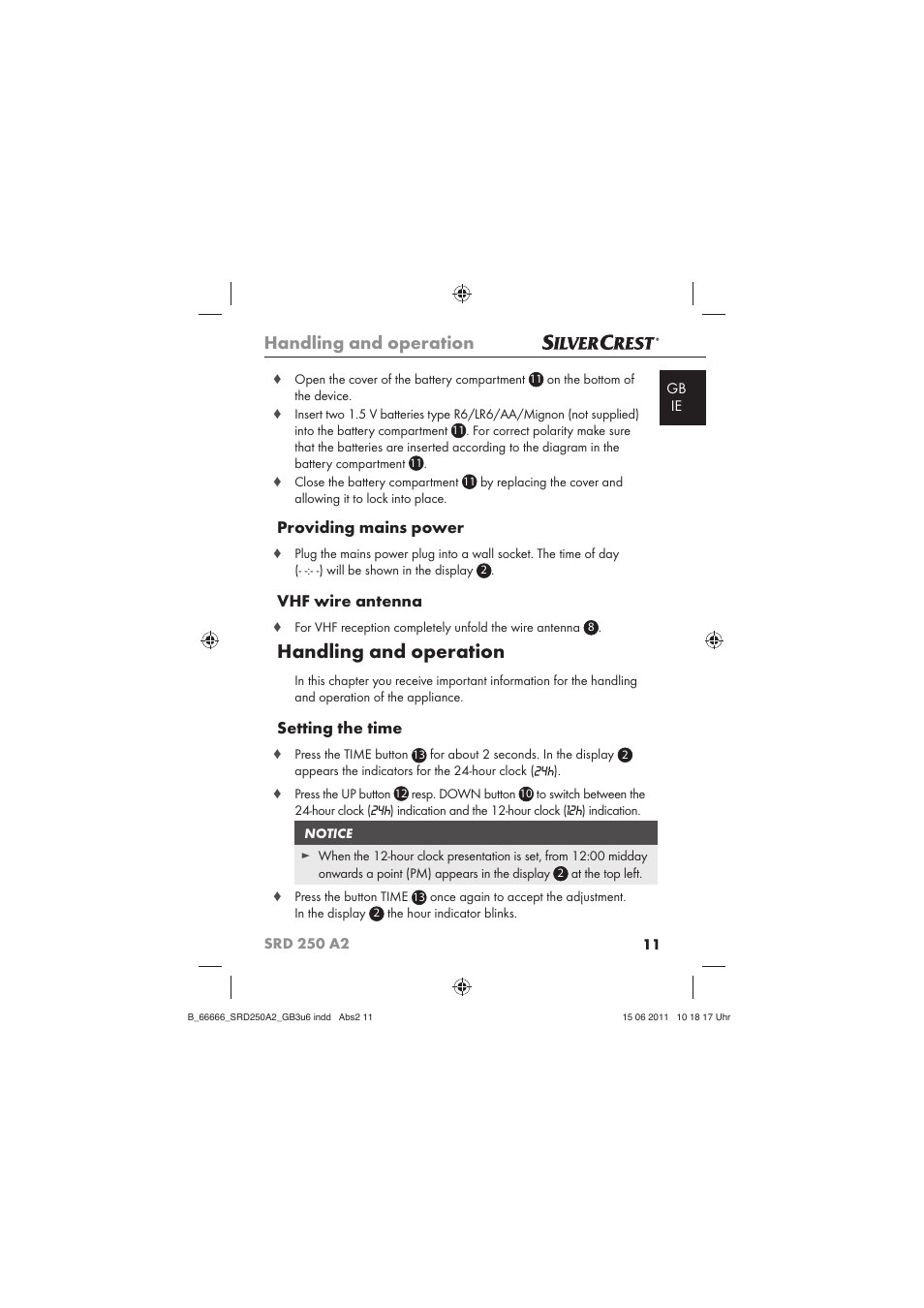 Handling and operation, Providing mains power, Vhf wire antenna | Setting the time | Silvercrest SRD 250 A2 User Manual | Page 13 / 23