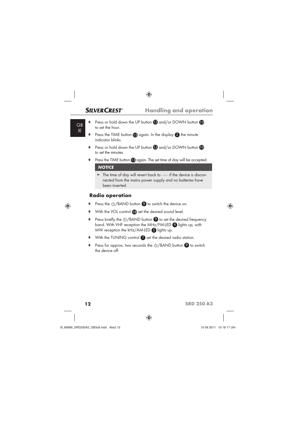 Handling and operation, Radio operation | Silvercrest SRD 250 A2 User Manual | Page 14 / 23