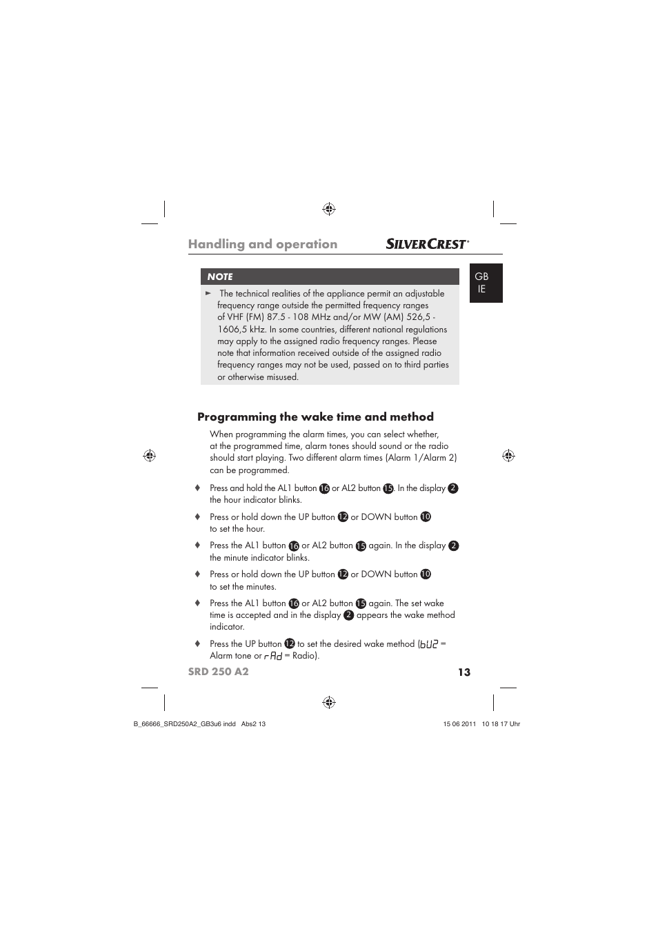 Handling and operation, Programming the wake time and method | Silvercrest SRD 250 A2 User Manual | Page 15 / 23