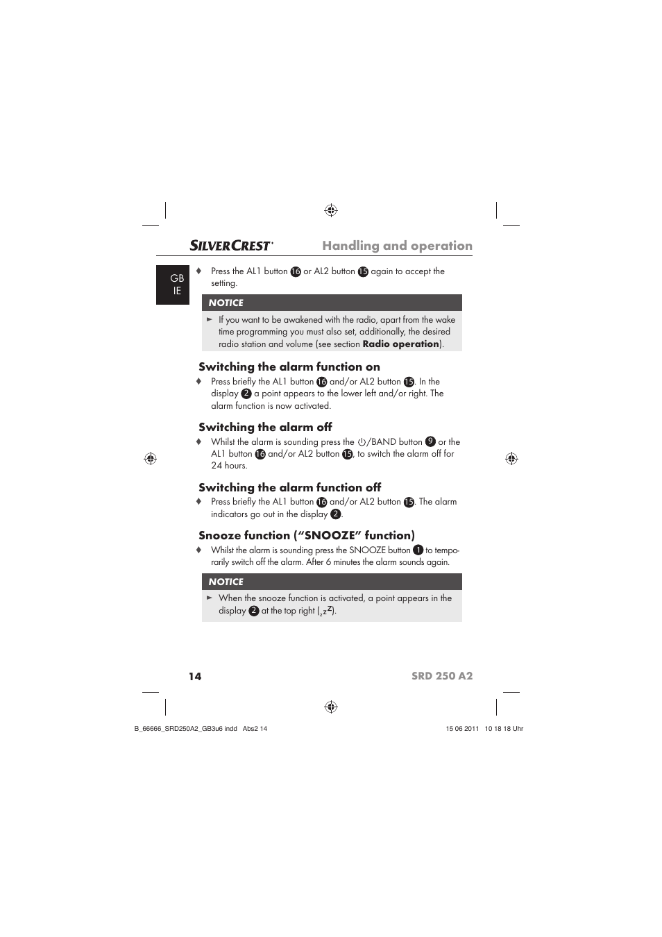 Handling and operation, Switching the alarm function on, Switching the alarm oﬀ | Switching the alarm function oﬀ, Snooze function (“snooze” function) | Silvercrest SRD 250 A2 User Manual | Page 16 / 23