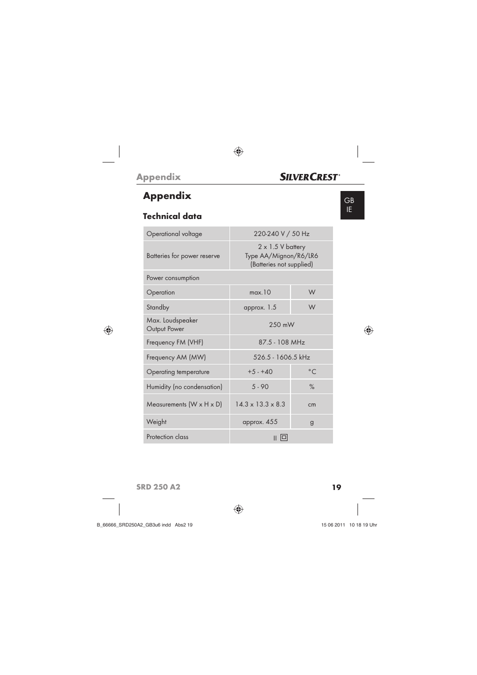 Appendix, Technical data | Silvercrest SRD 250 A2 User Manual | Page 21 / 23
