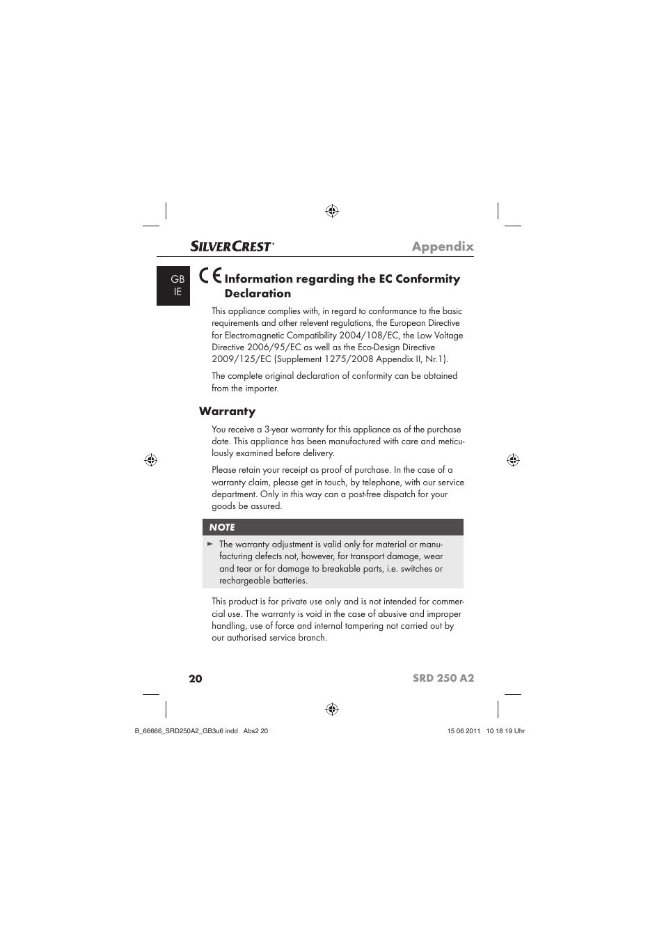 Appendix, Warranty | Silvercrest SRD 250 A2 User Manual | Page 22 / 23