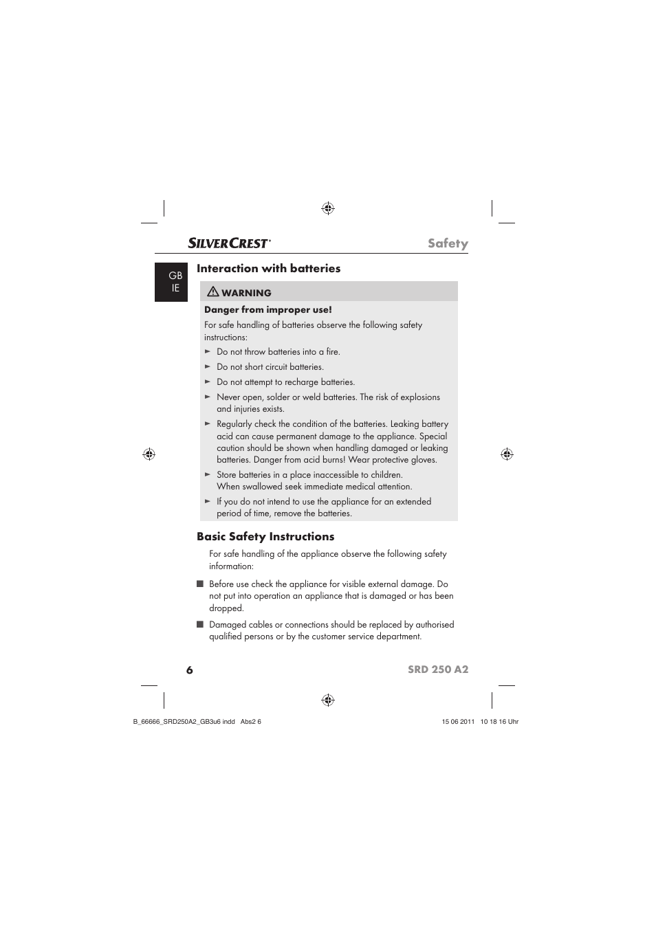 Safety, Interaction with batteries, Basic safety instructions | Silvercrest SRD 250 A2 User Manual | Page 8 / 23