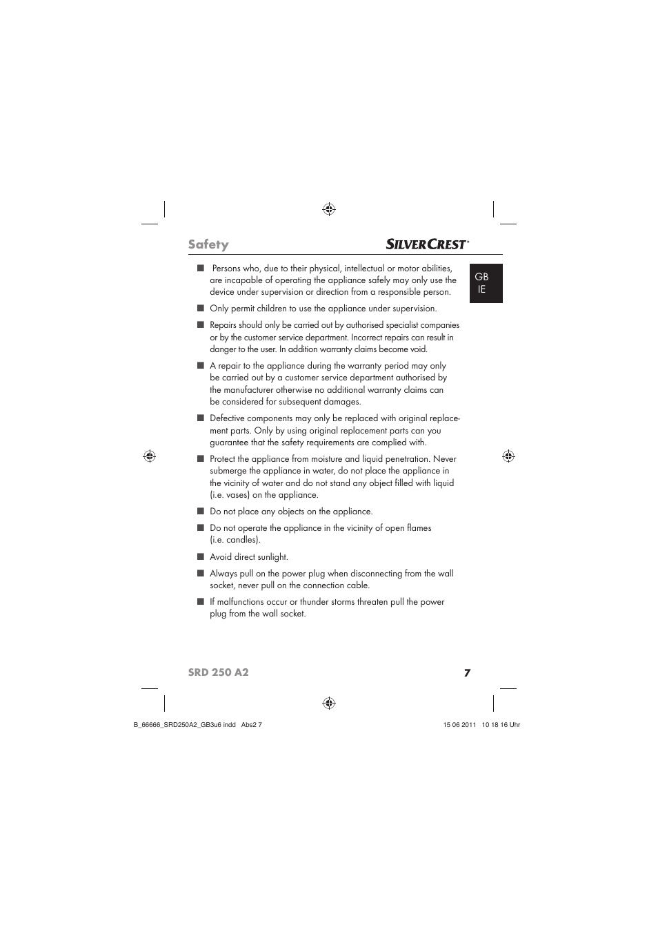 Safety | Silvercrest SRD 250 A2 User Manual | Page 9 / 23