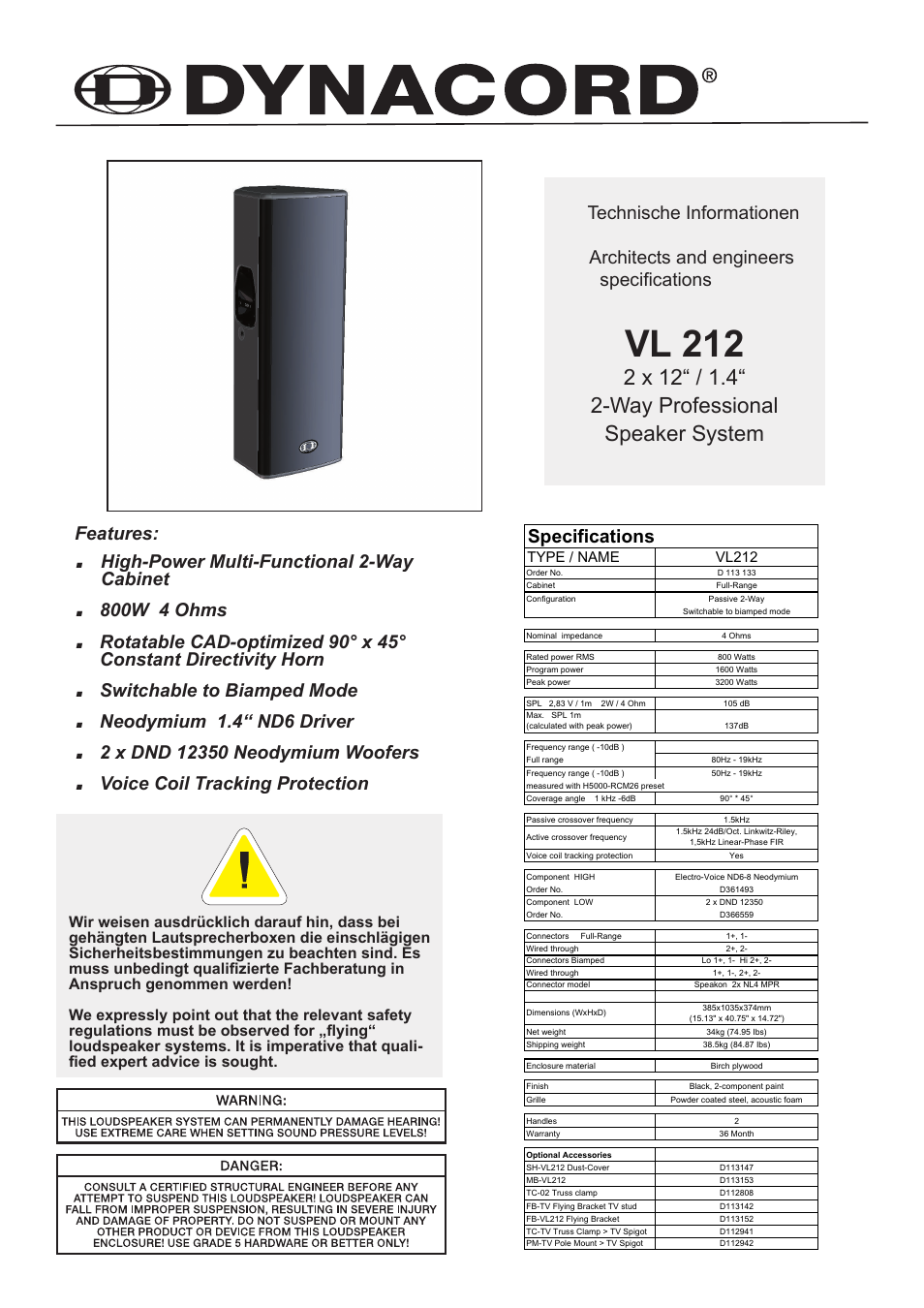 Dynacord VL 212 User Manual | 5 pages