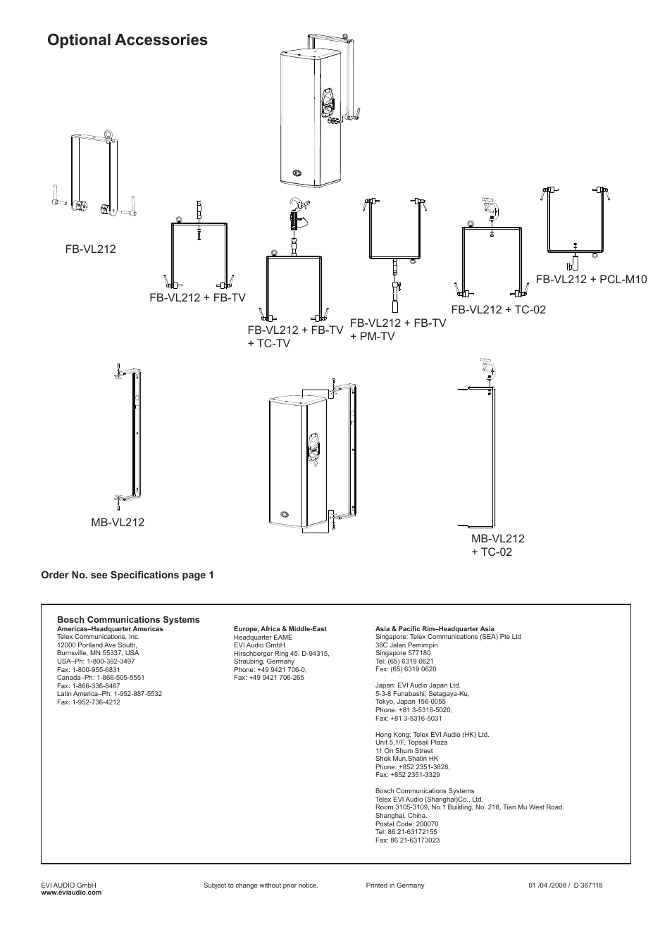 Optional accessories, Order no. see specifications page 1 | Dynacord VL 212 User Manual | Page 5 / 5