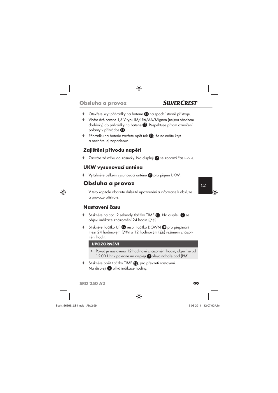 Obsluha a provoz, Zajištění přívodu napětí, Ukw vysunovací anténa | Nastavení času | Silvercrest SRD 250 A2 User Manual | Page 101 / 133