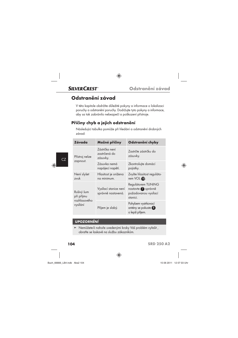 Odstranění závad, Příčiny chyb a jejich odstranění | Silvercrest SRD 250 A2 User Manual | Page 106 / 133