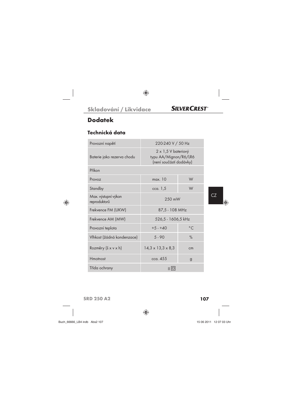 Dodatek, Skladování / likvidace, Technická data | Silvercrest SRD 250 A2 User Manual | Page 109 / 133