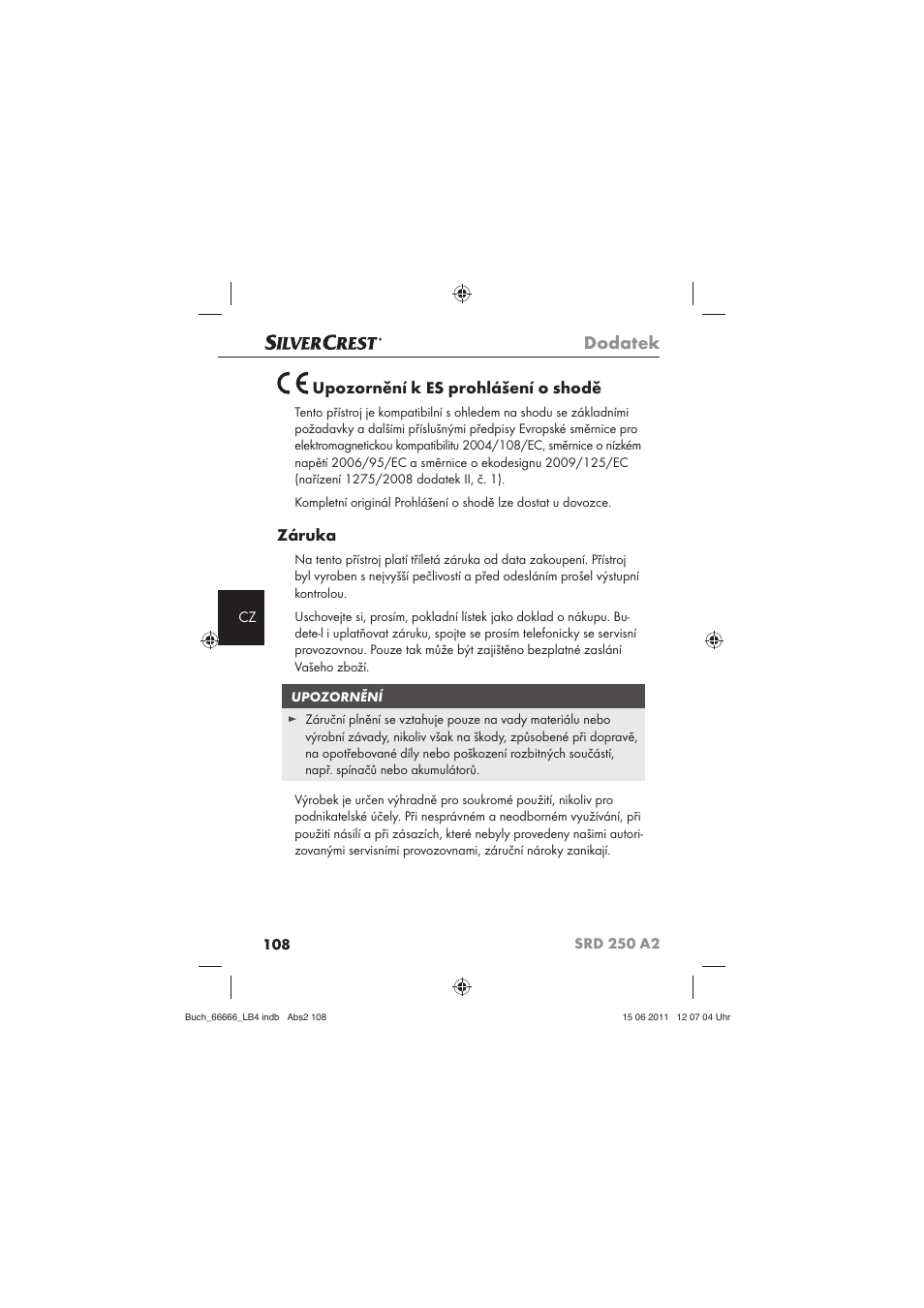 Dodatek, Upozornění k es prohlášení o shodě, Záruka | Silvercrest SRD 250 A2 User Manual | Page 110 / 133