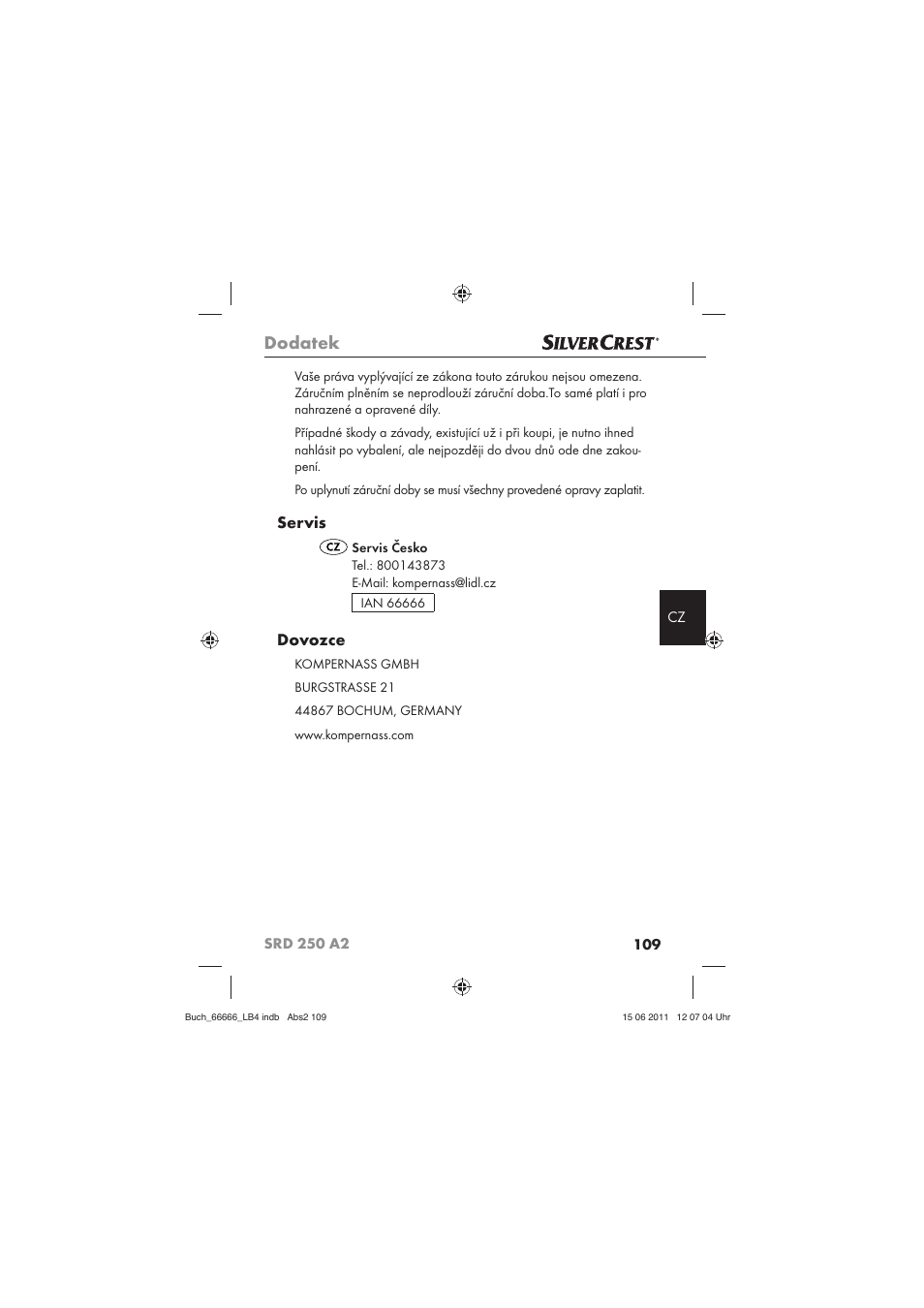 Dodatek, Servis, Dovozce | Silvercrest SRD 250 A2 User Manual | Page 111 / 133