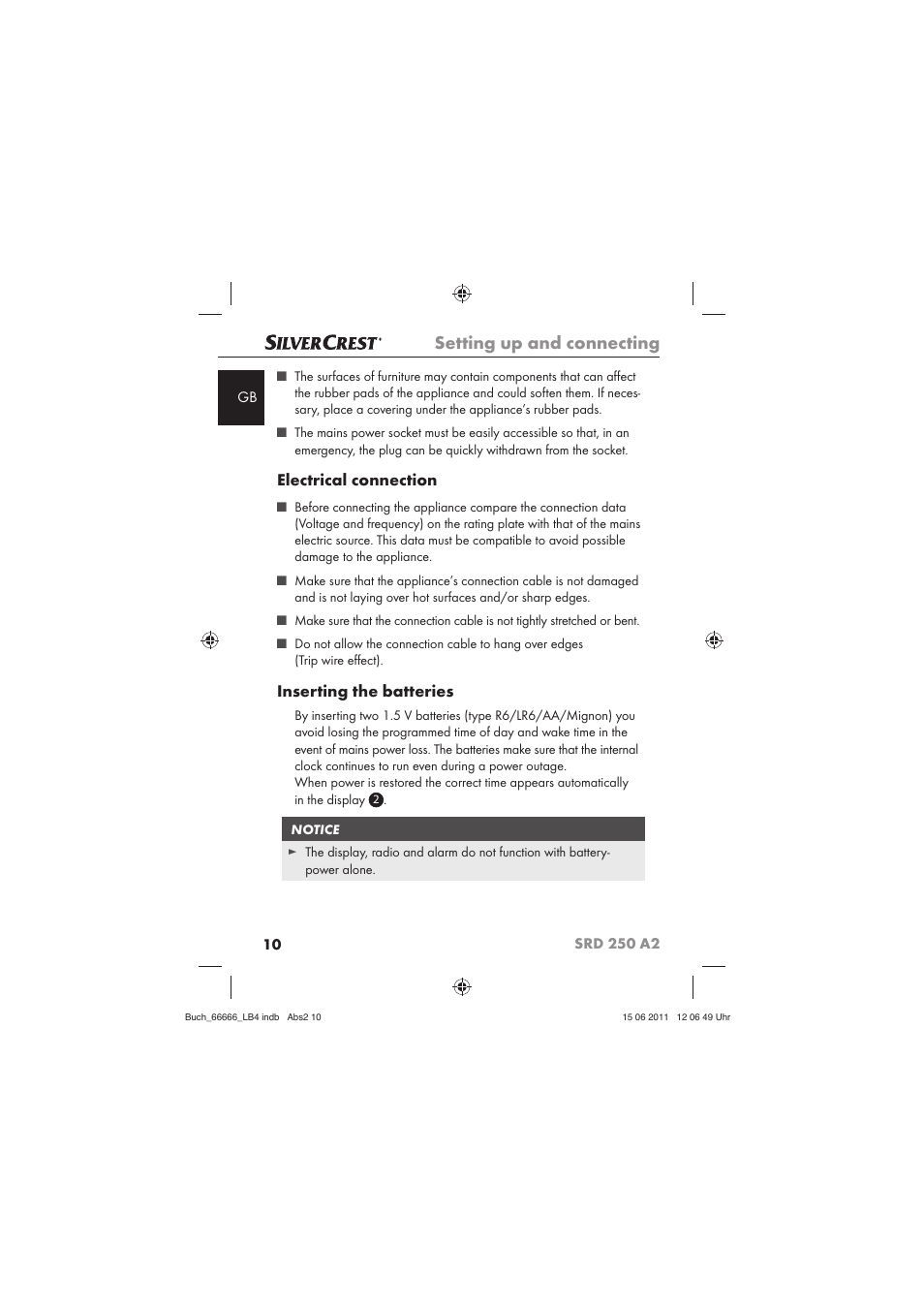 Setting up and connecting, Electrical connection, Inserting the batteries | Silvercrest SRD 250 A2 User Manual | Page 12 / 133